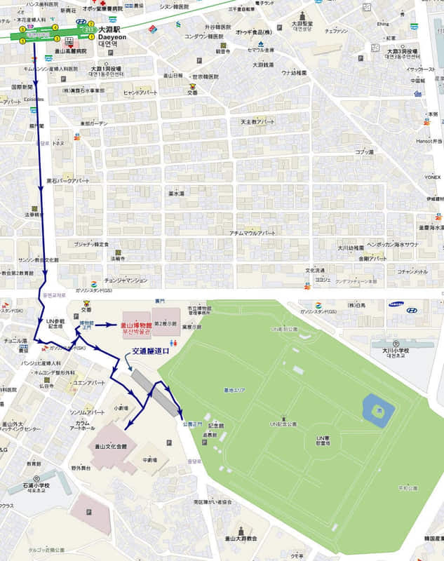 釜山博物館、釜山文化會館和 UN 紀念公園遊覽地圖