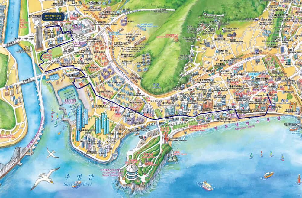 海雲台海浴場往新世界百貨公司 Centum City 店步行路線地圖