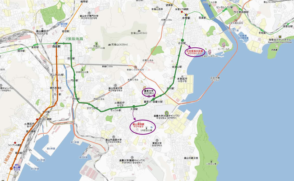 釜山慶星大學、釜山博物館、UN 紀念公園、廣安里海水浴場地圖