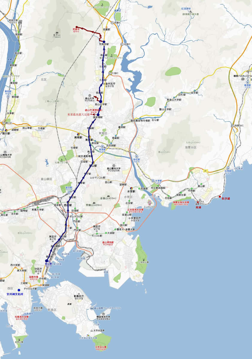 釜山梵魚寺、釜山大學、溫泉川、東萊溫泉露天足湯遊覽地圖