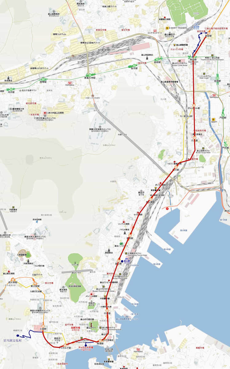 釜山甘川洞文化村、四十階梯文化館、釜田人蔘批發市場行程路線地圖