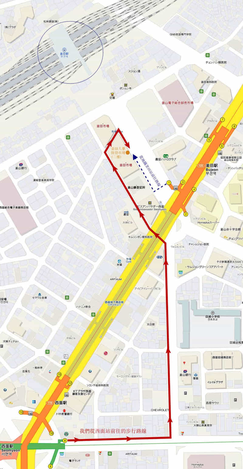釜田市場及釜田人蔘批發市場前往路線地圖